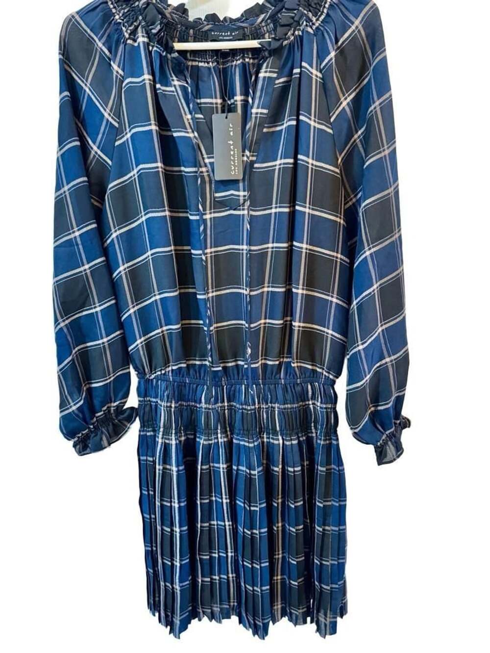 Current Air Pleated Mini Dress Size XS Blue, Black Plaid Long Sleeve | Anthropol